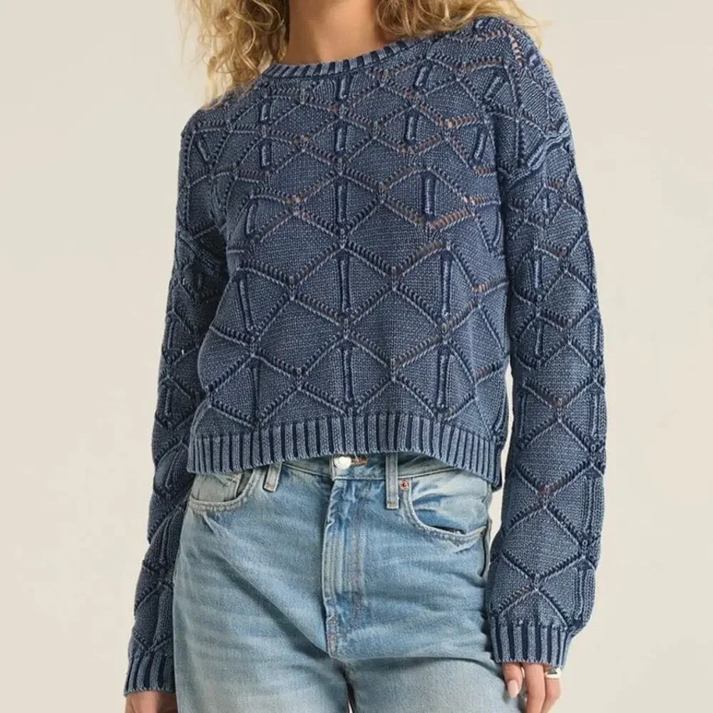 NWT a.n.a. Intricate Knit Indigo Stonewash Long Sleeve Crew Neck Sweater Size XS
